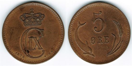 5 øre 1875 i kv. (01) - plet ved monogram