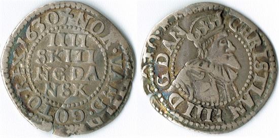 År 1630 - Chr. IV - 4 skilling i kv. 1+ H142 Sieg 46.1