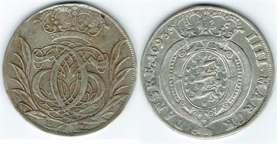 År 1693 - Chr. V - 1 krone i kv. 1 H125A Sieg 138.1