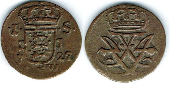 År 1722 - Fr. IV - 1 skilling i kv. 1 - 1+