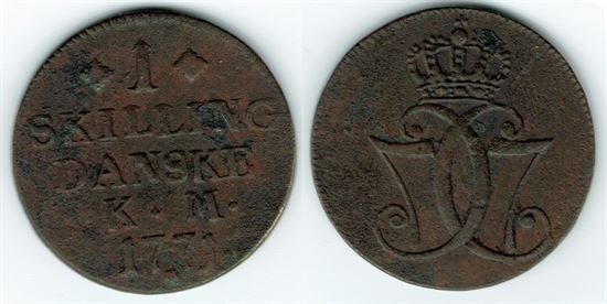 År 1771 - Chr. VII - 1 skilling i kv. (1+) - tæret Sieg 2.2