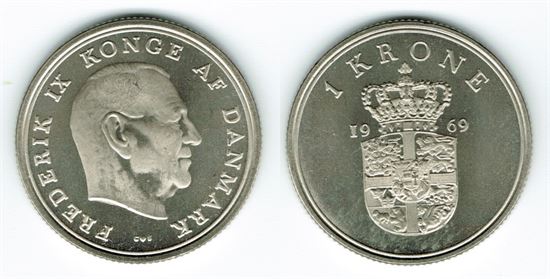 1 kr. 1969 i kv. 0 - M - har lidt medaljepræg over sig