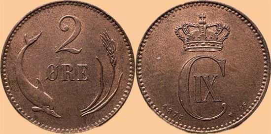 2 øre 1875 i kv. 0 - flot lysebrun farve