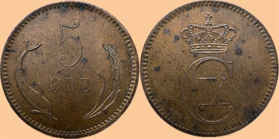 5 øre 1890 i kv. (0) - plettet