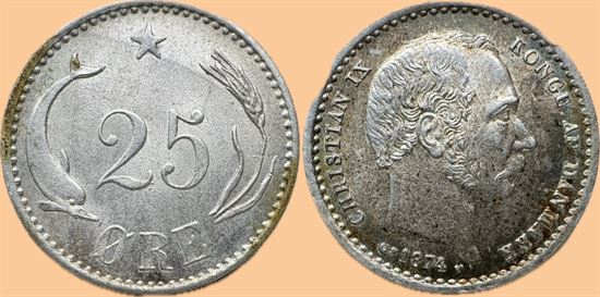 25 øre 1874 i kv. 01 - flot patina