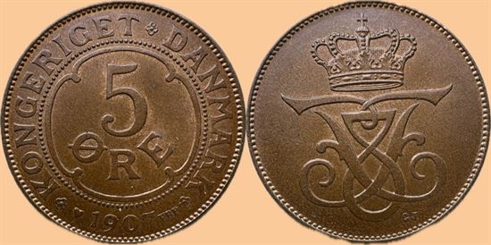 5 øre 1907 i kv. 0 - flot lysebrun farve