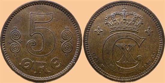 5 øre 1923 i kv.  0 - flot velpræget eksemplar