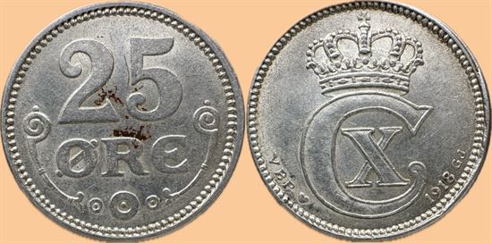 25 øre 1918 i kv. (0) - lidt plettet/patina på forsiden