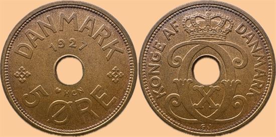 5 øre 1927 HCN i kv. 0 - flot lysebrun farve