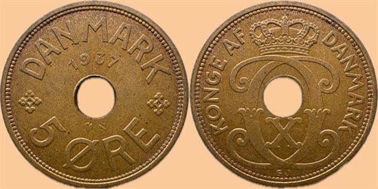 5 øre 1937 i kv. 0 - flot lysebrun farve