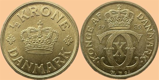 1/2 kr. 1939 i kv. 0 - rigtigt flot eksemplar