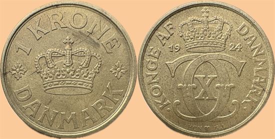 1 kr. 1924 i kv. (1+ - 01) - overfladiske tæringsspor