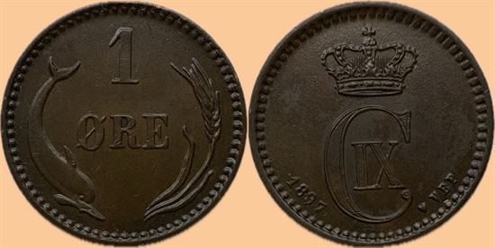 1 øre 1897 i kv. 01 - variant, hvor stempel er rettet fra 94 til 97