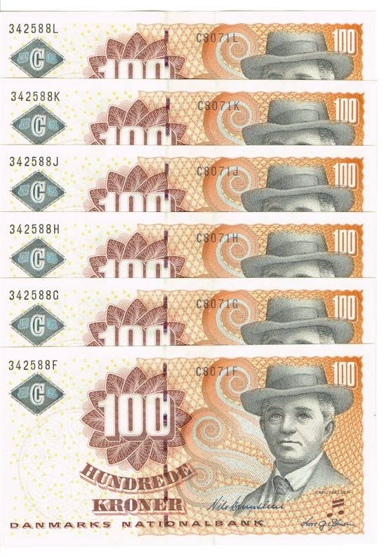 Seddel: 100 kr. 2007 C8701 i kv. 0 6 stk. fortløbende nr.