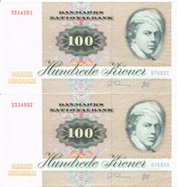 Seddel: 100 kr. 1989 D7892 i kv. 0 2 stk. fortløbende nr.