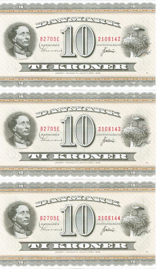 Seddel: 10 kr. 1970 B2705E i kv. 0 3 stk. fortløbende nr.